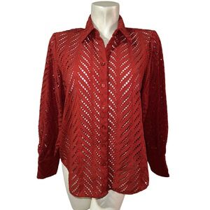 Chicos Rust Eyelet Chevron Button Up Shirt Top Women's Size M (1) Poplin Cutwork